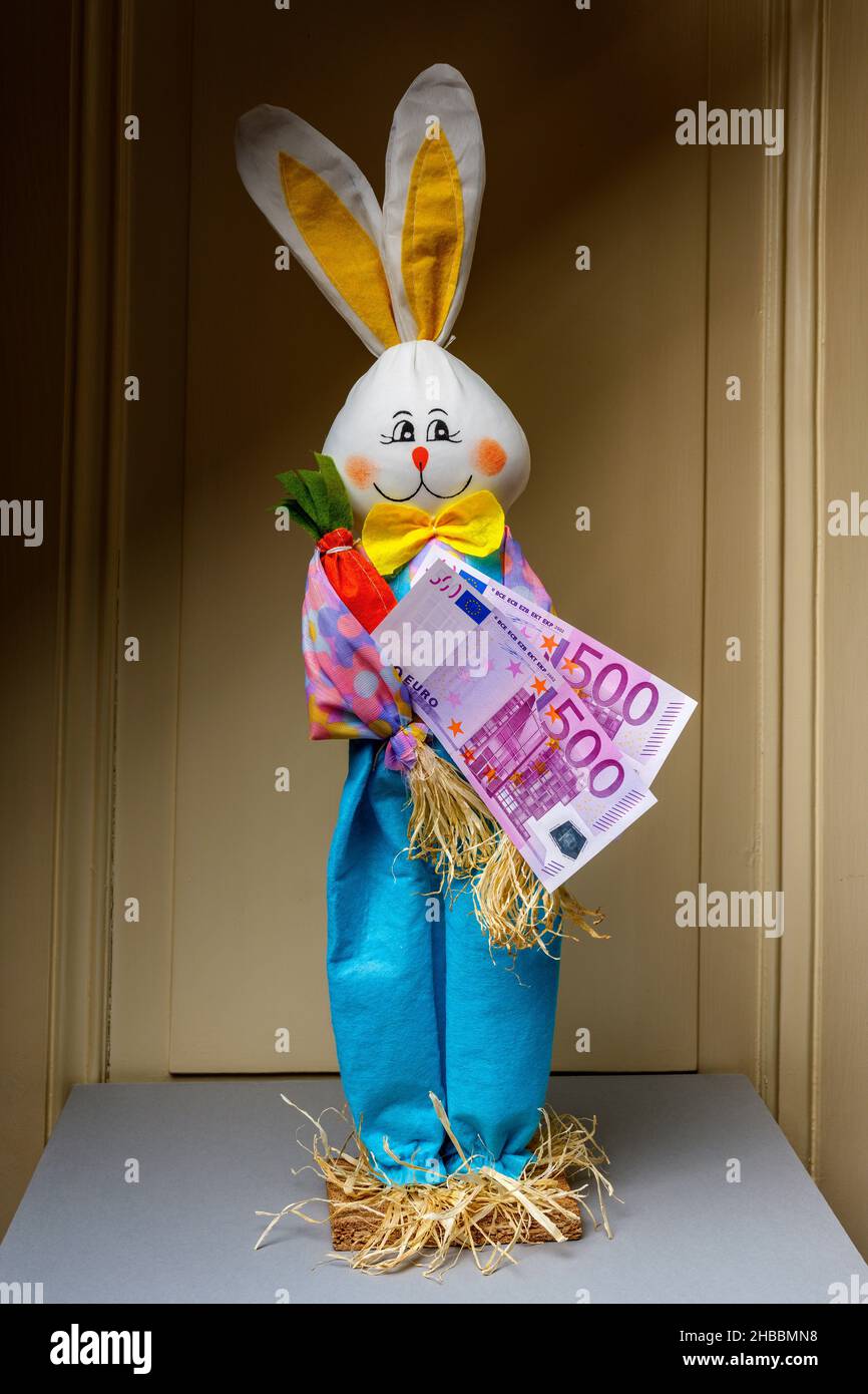 Gefülltes glückliches Kaninchen mit zwei 500-Euro-Banknoten, Stockfoto