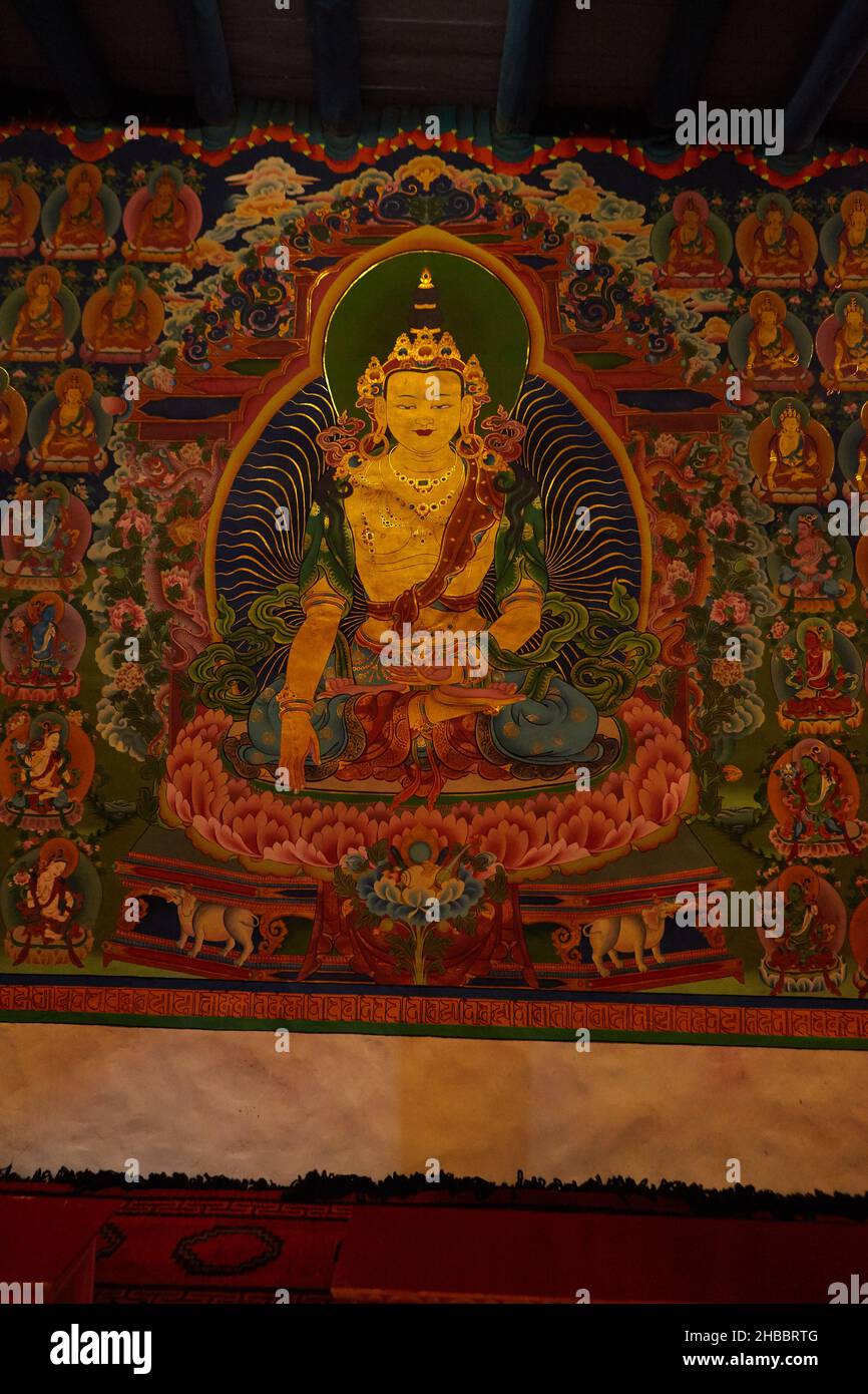 Wandmalereien zum tantrischen Buddhismus (tantrische Vajrayana-Lehren) im Hemis-Kloster. Tausend buddhas - Fragment Stockfoto