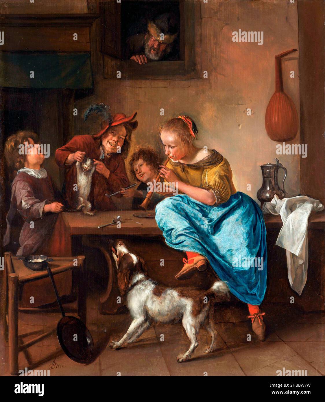 Jan Steen. 'Children Teaching a Cat to Dance, known as 'The Dancing Lesson'' des niederländischen Künstlers aus dem Goldenen Zeitalter, Jan Havickszoon Steen (c. 1626 1679), Öl auf Platte, c. 1660-79 Stockfoto