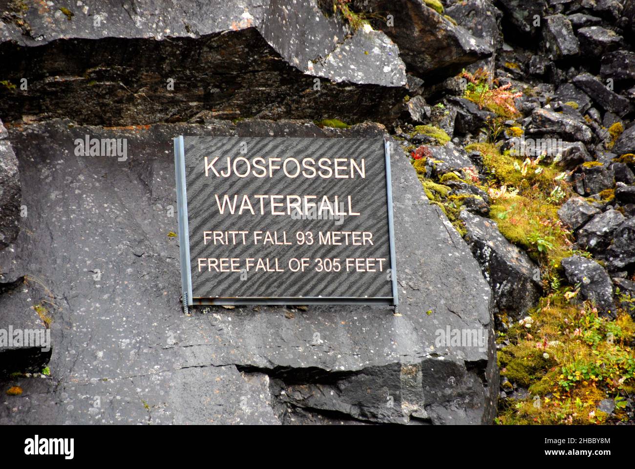 Schild für Kjosfossen Wasserfall, Norwegen Stockfoto