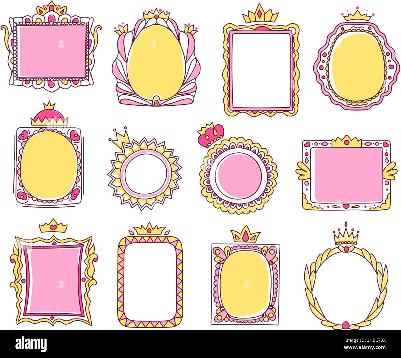 Niedliche handgezeichnete rosa Prinzessin Rahmen mit Kronen. Skizze Foto oder Spiegel Rahmen mit Tiara, girly Doodle Grenze für Baby Prinzessinnen Vektor-Set. Royal r Stock Vektor
