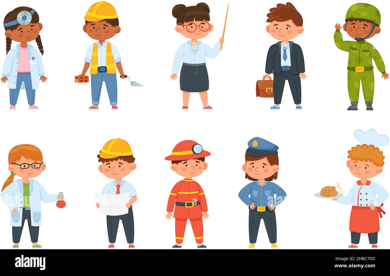 Cartoon Kinder aus verschiedenen Berufen, Kinder in professionellen Uniformen. Junge und Mädchen Feuerwehrmann, Arzt, Lehrer, Koch, Ingenieur Vektor-Set. Junge Charaktere entscheiden sich für eine zukünftige Karriere Stock Vektor