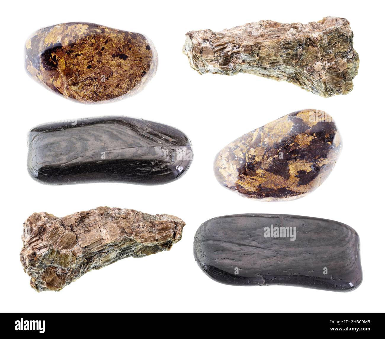 Set aus verschiedenen Enstatit-Steinen auf weißem Hintergrund Stockfoto