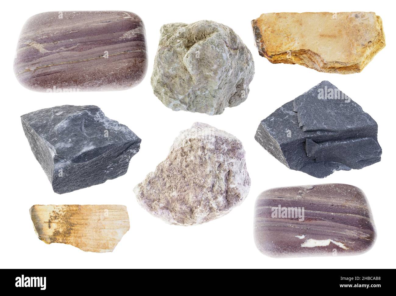 Satz von verschiedenen Schlammsteinfelsen Ausschnitt Stein auf weißem Hintergrund Stockfoto