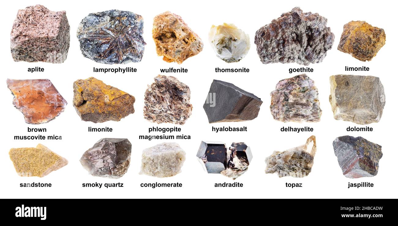 Set aus verschiedenen braunen rohen Mineralien mit Namen, die auf weißem Hintergrund ausgeschnitten sind Stockfoto