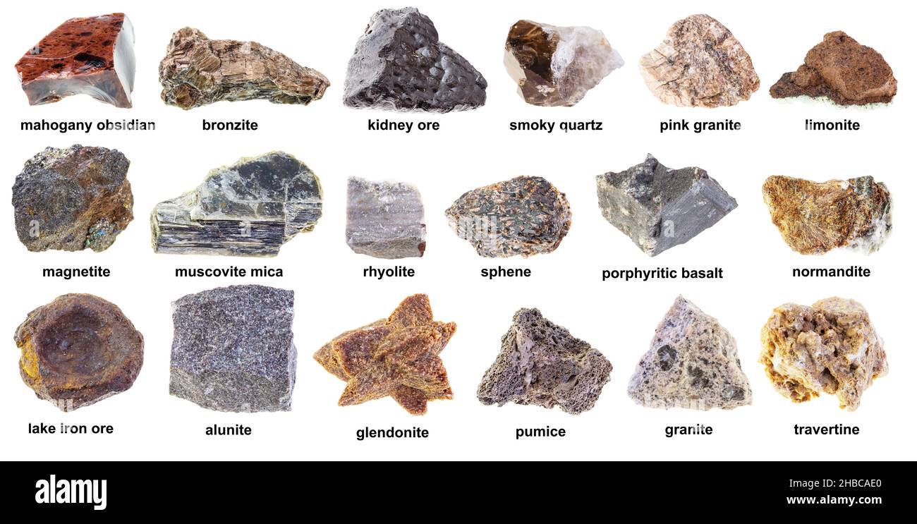 Set aus verschiedenen braunen unpolierten Steinen mit Namen auf weißem Hintergrund Stockfoto