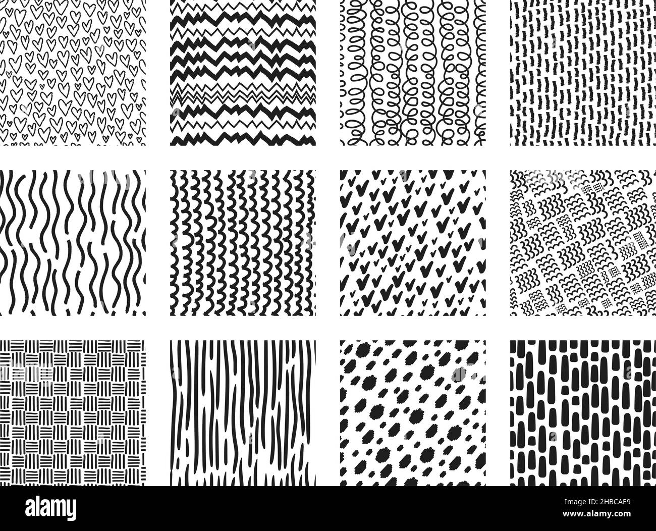 Niedliche handgezeichnete nahtlose Muster mit Punkten, Wellen, Kritzeleien. Abstrakter Druck oder Stoffmuster, Herzen oder Linien kritzeln Vektor-Textur-Set. Einfache monochrome Wirbel und Streifen für Textilien Stock Vektor