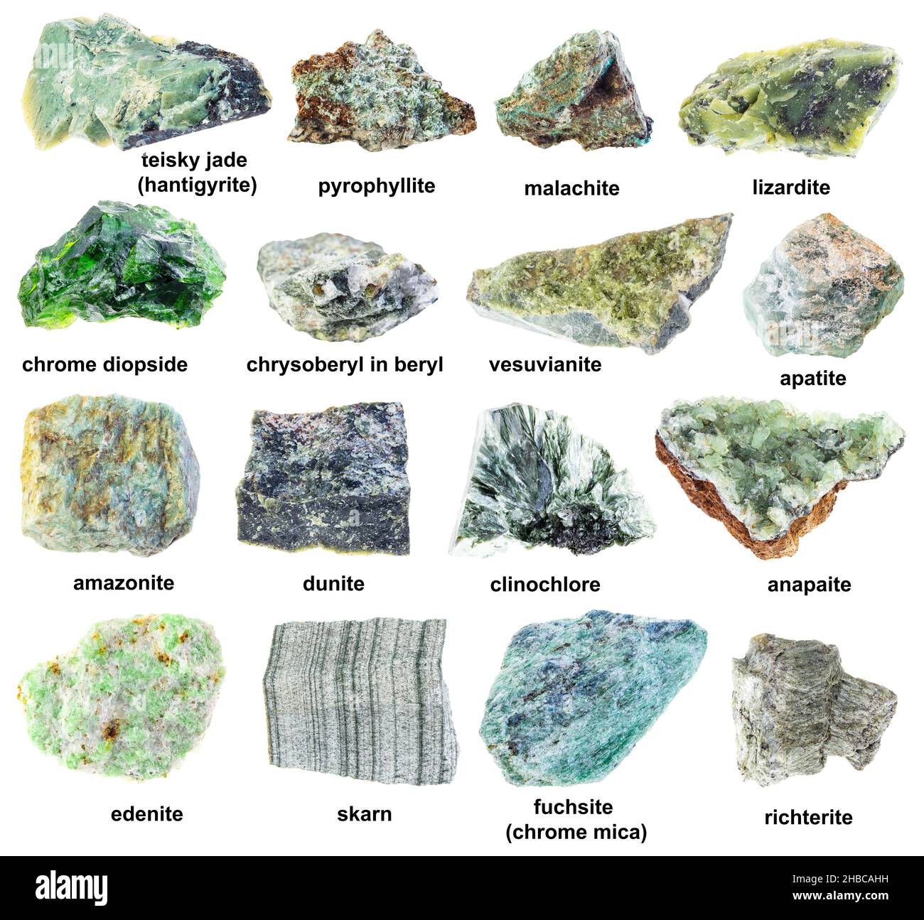 Set aus verschiedenen unpolierten grünen Felsen mit Namen auf weißem Hintergrund Stockfoto