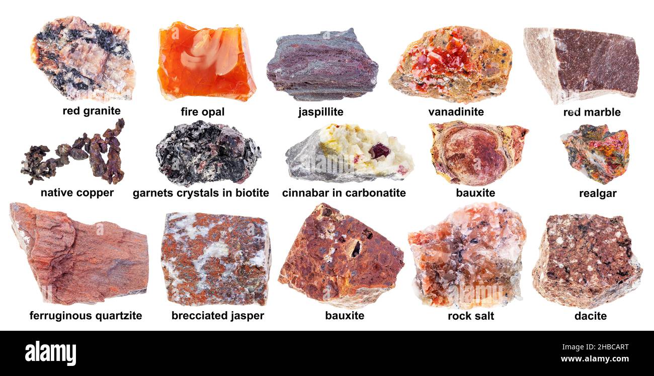Set aus verschiedenen rohen roten Steinen mit Namen auf weißem Hintergrund Stockfoto