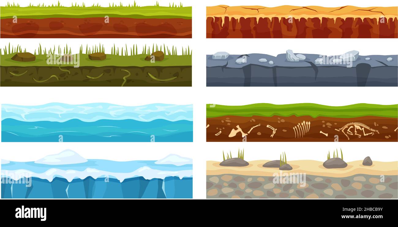 Cartoon nahtlose Boden Textur, Spiel Vordergrund Design-Elemente. Gras, Erde, Wüste, Eis, Ozean Gaming Landschaft Boden Vektor-Set. Gestein- und Landebenenstrukturen, Geologie-Konzept Stock Vektor