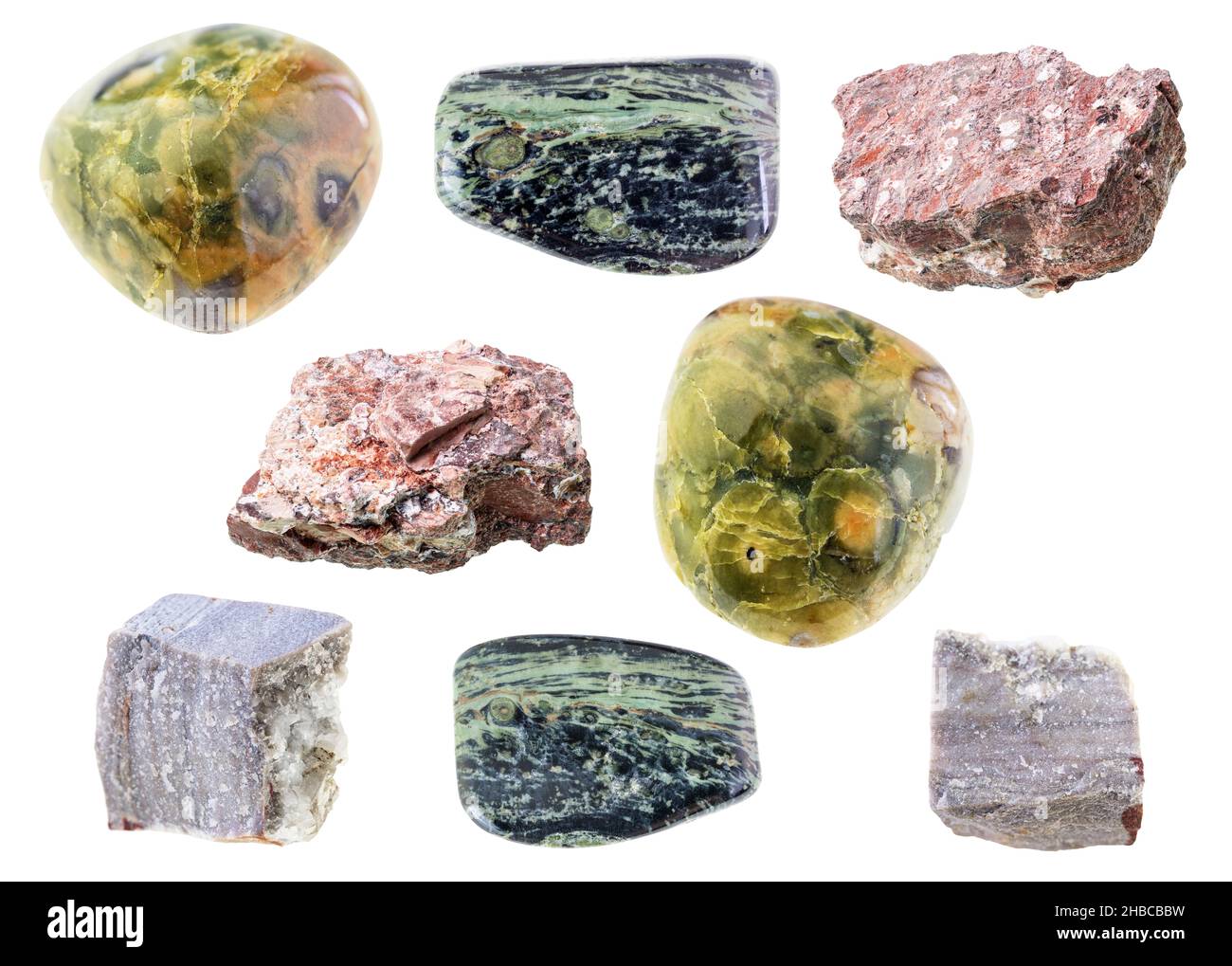 Set aus verschiedenen Rhyolith-Steinen auf weißem Hintergrund Stockfoto