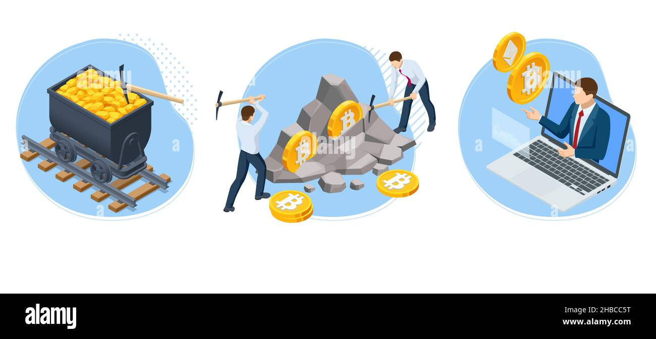 Kryptowährung Mining GPU-Farm. Kryptowährung und Blockchain isometrische Zusammensetzung. Big-Data-Verarbeitung. Plattform-Services für Austausch und Verkauf Stock Vektor