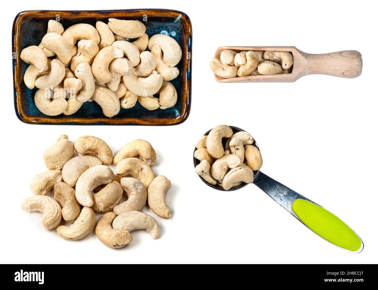Set von verschiedenen Cashew-Samen Ausschnitt auf weißem Hintergrund Stockfoto