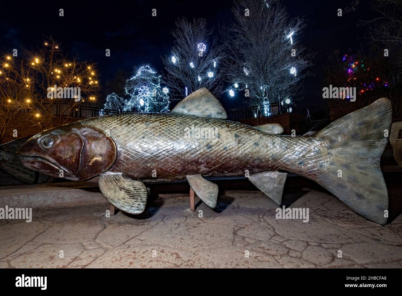 Return of the Cutthroat #2 Skulptur für öffentliche Kunst, die nachts beleuchtet wird. Nach Künstler: Pat Madison. Clear Creek Trail - Golden, Colorado, USA Stockfoto