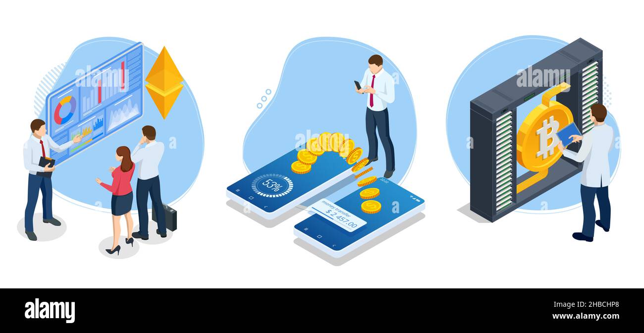 Isometrische Bitcoin Crypto Currency Mining Farm. Serverraum, Bitcoin Mining, Supercomputing. Kryptowährung, Blockchain Stock Vektor