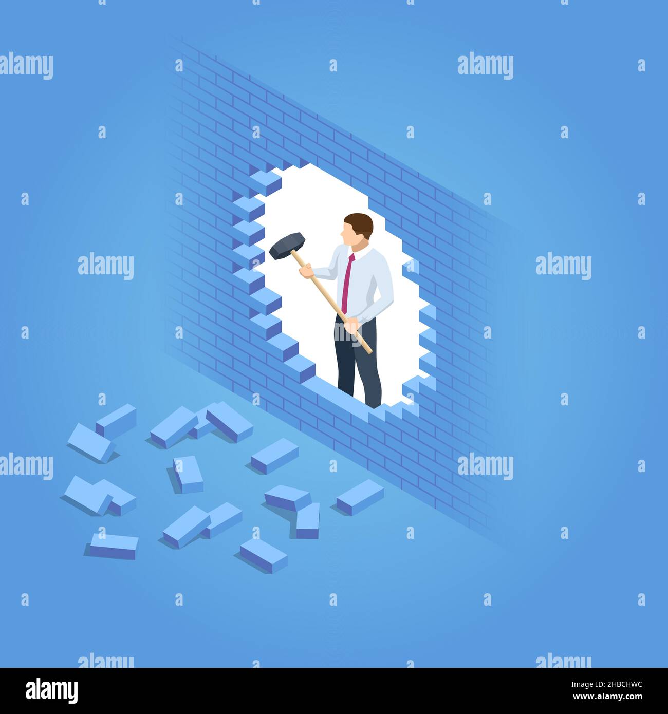 Isometrisches Durchbrechen der Wand. Eine alternative Lösung für das Problem. Geschäftsmann gelöst Problem, Neue Lösung, Erfolg und Führung. Durchbruch Stock Vektor