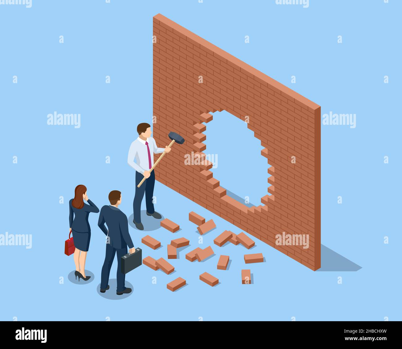 Isometrisches Durchbrechen der Wand. Eine alternative Lösung für das Problem. Geschäftsmann gelöst Problem, Neue Lösung, Erfolg und Führung. Durchbruch Stock Vektor