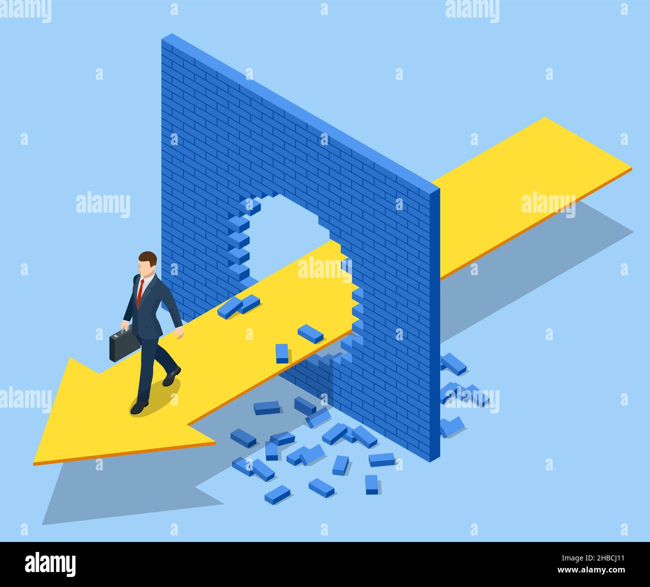 Isometrisches Durchbrechen der Wand. Eine alternative Lösung für das Problem. Geschäftsmann gelöst Problem, Neue Lösung, Erfolg und Führung. Durchbruch Stock Vektor