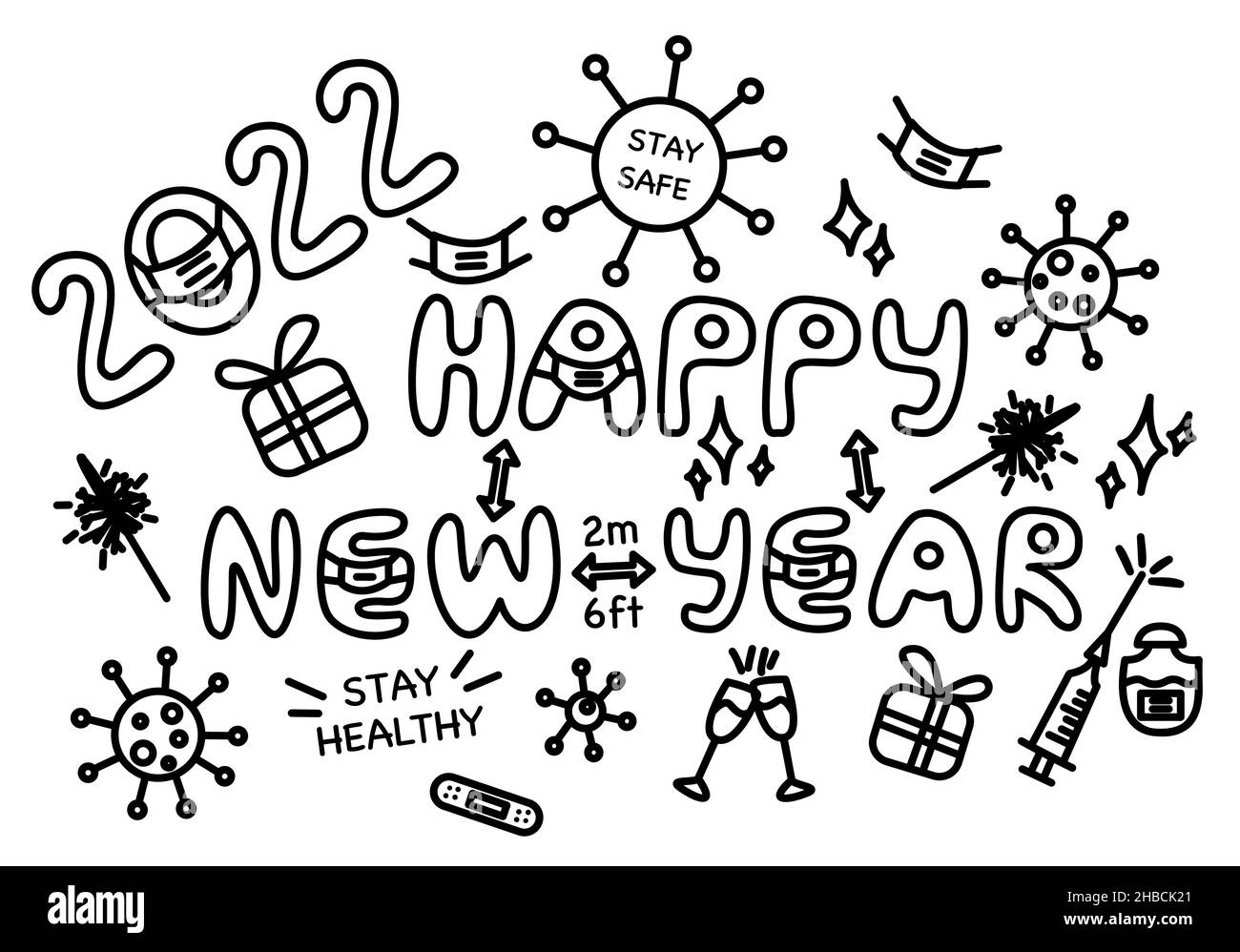 Set von lustigen Doodle-Elementen für eine gesunde Neujahrsfeier 2022. Happy Vector Symbole umreißen Sammlung sicher zu bleiben Stock Vektor