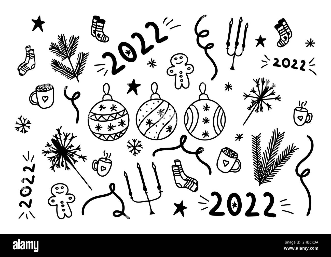 Set von lustigen Doodle-Elementen für die Neujahrsfeier 2022. Happy Vektor-Symbole und skizzieren Weihnachtsdekor-Kollektion Stock Vektor