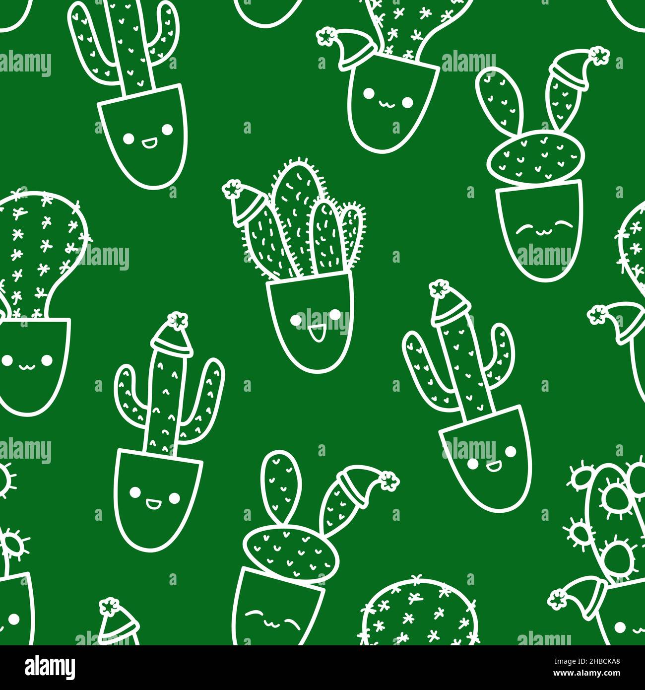 Niedliche Weihnachten Kaktus Doodle nahtlose Muster in Skizze Stil. Festliche Kakteen-Charaktere sind vielfältig mit Kawaii-Emotionen Stock Vektor