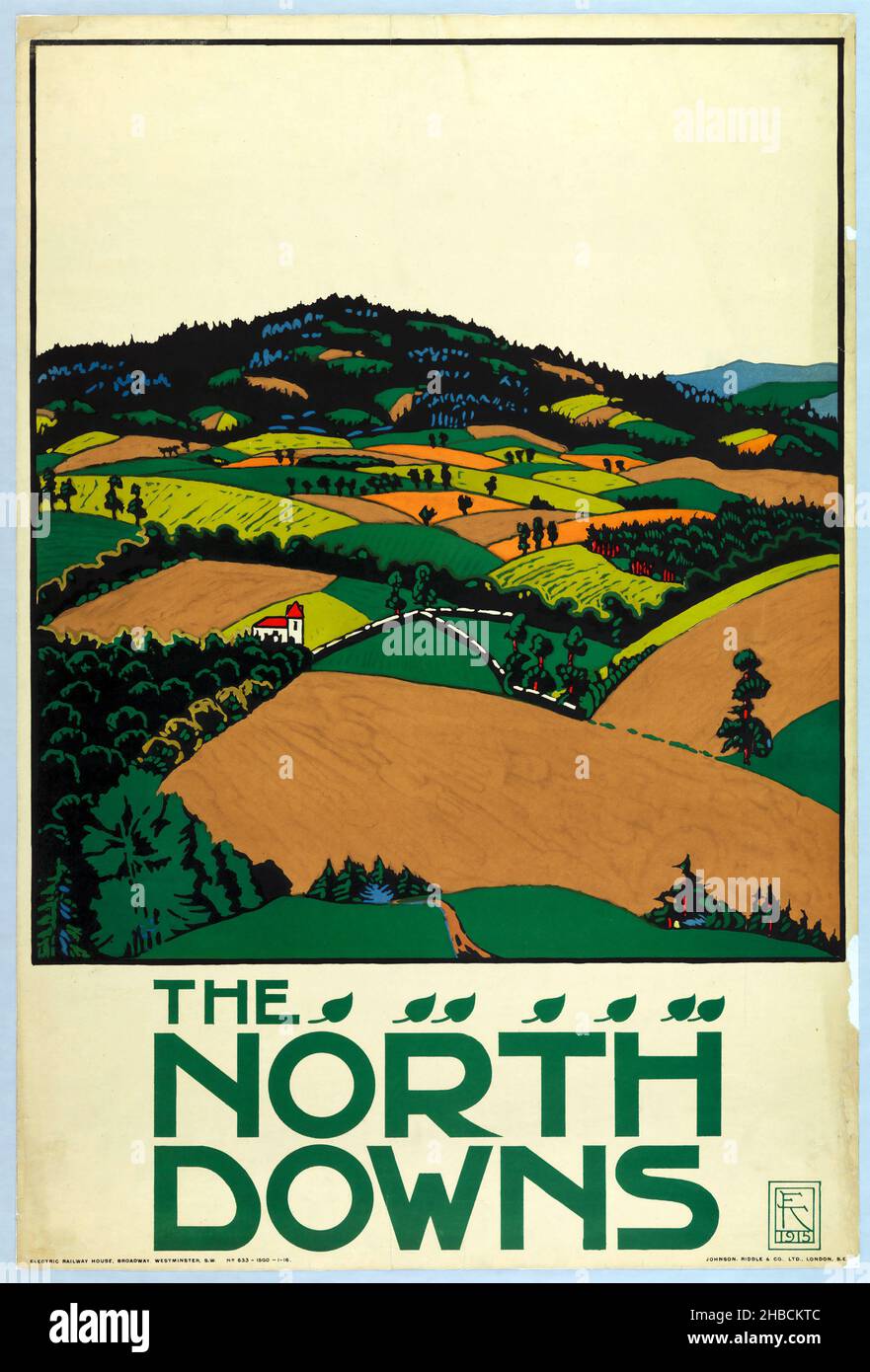 The North Downs von Edward McKnight Kauffer Poster - 1915 - Vintage-Werbung. Britische Eisenbahn. Stockfoto