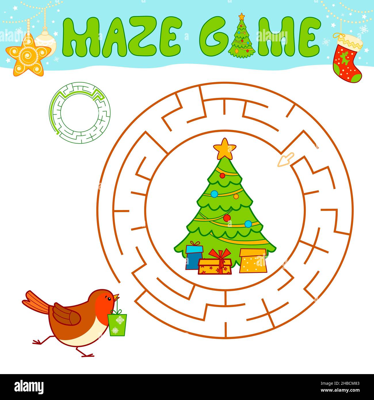 Weihnachten Labyrinth Puzzle-Spiel für Kinder. Kreis Labyrinth oder Labyrinth-Spiel mit Christmas Bird. Stockfoto
