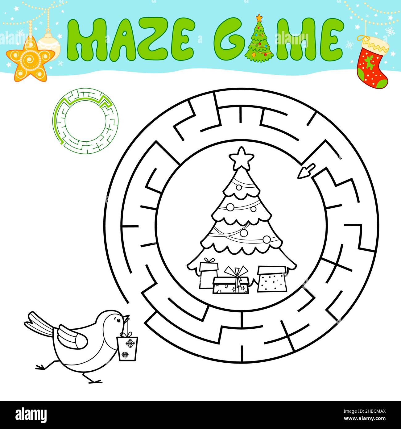 Weihnachten schwarz und weiß Labyrinth Puzzle-Spiel für Kinder. Skizzieren Kreis Labyrinth oder Labyrinth-Spiel mit Christmas Bird. Stockfoto