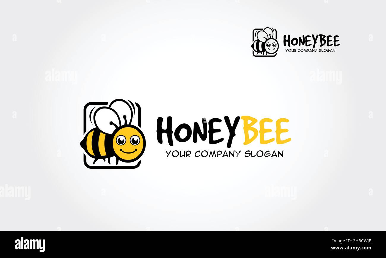 Honey Bee Logo Cartoon Charakter. Symbol für flache Vektorbiene. Cartoon nette helle Biene auf stilvollem weißen Hintergrund. Vektorlogo. Stock Vektor