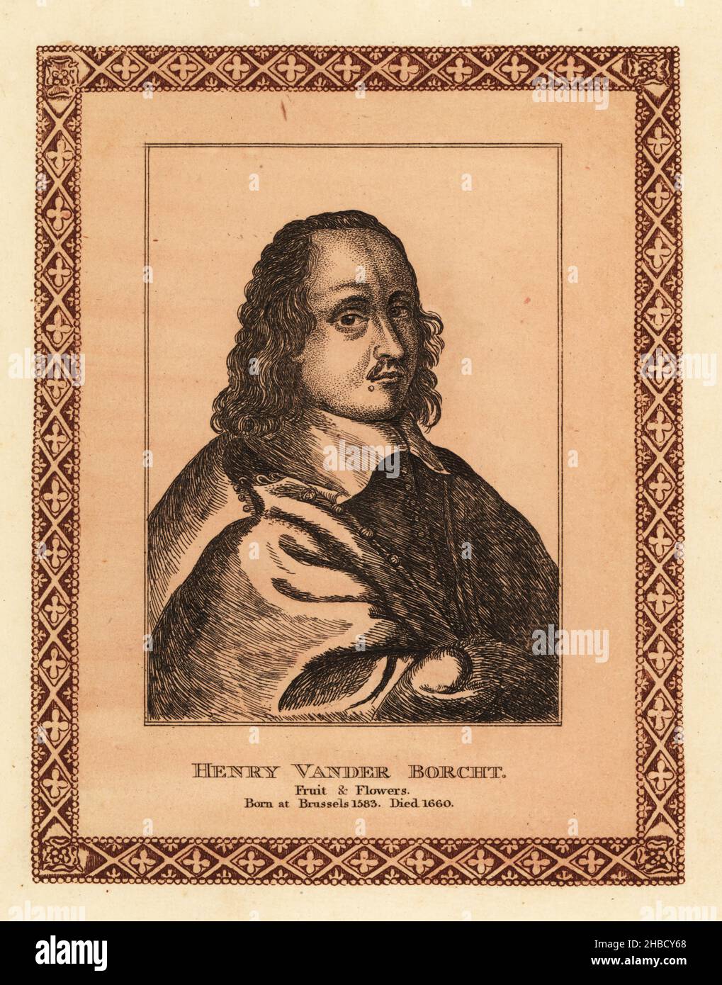 Porträt von Hendrik van der Borcht, 1614-1666?, deutscher Maler, Zeichner und Grafiker, Sohn von Hendrik van der Borcht dem Älteren. 2nd von Thomas Howard, 1636 Earl of Arundel, in Dienst gestellt und bis 1654 in London als Hüter seiner Sammlungen tätig. Wahrscheinlich starb 1666 an der Pest. Henry Vander Borcht. Die Bildunterschrift bezieht sich fälschlicherweise auf seinen Vater. Getönte Radierung innerhalb einer dekorativen Grenze von John Girtin nach einem Stich von Wenzel Hollar aus John Girtins fünfundsiebzig Porträts berühmter Maler aus authentischen Originalen, J. M’Creery, London, 1817. Stockfoto