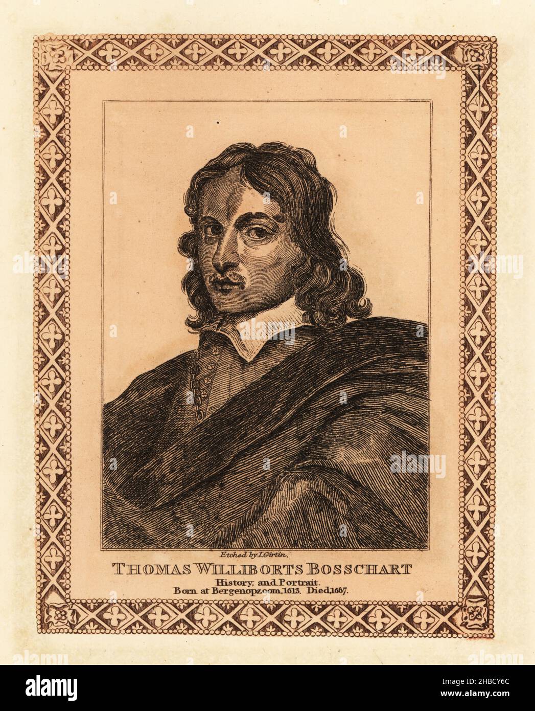 Selbstporträt von Thomas Williboirts Bosschaert, niederländischer flämischer Maler und Porträtmaler aus der Barockzeit, 1613-1654. Thomas Williborts Bosschart, Geschichte und Porträt, geboren 1613 in Bergenopzoom, gestorben 1667. Getönte Radierung innerhalb einer dekorativen Grenze von John Girtin nach einem Selbstporträt von Bosschaert aus John Girtins fünfundsiebzig Porträts berühmter Maler aus authentischen Originalen, J. M’Creery, London, 1817. Stockfoto