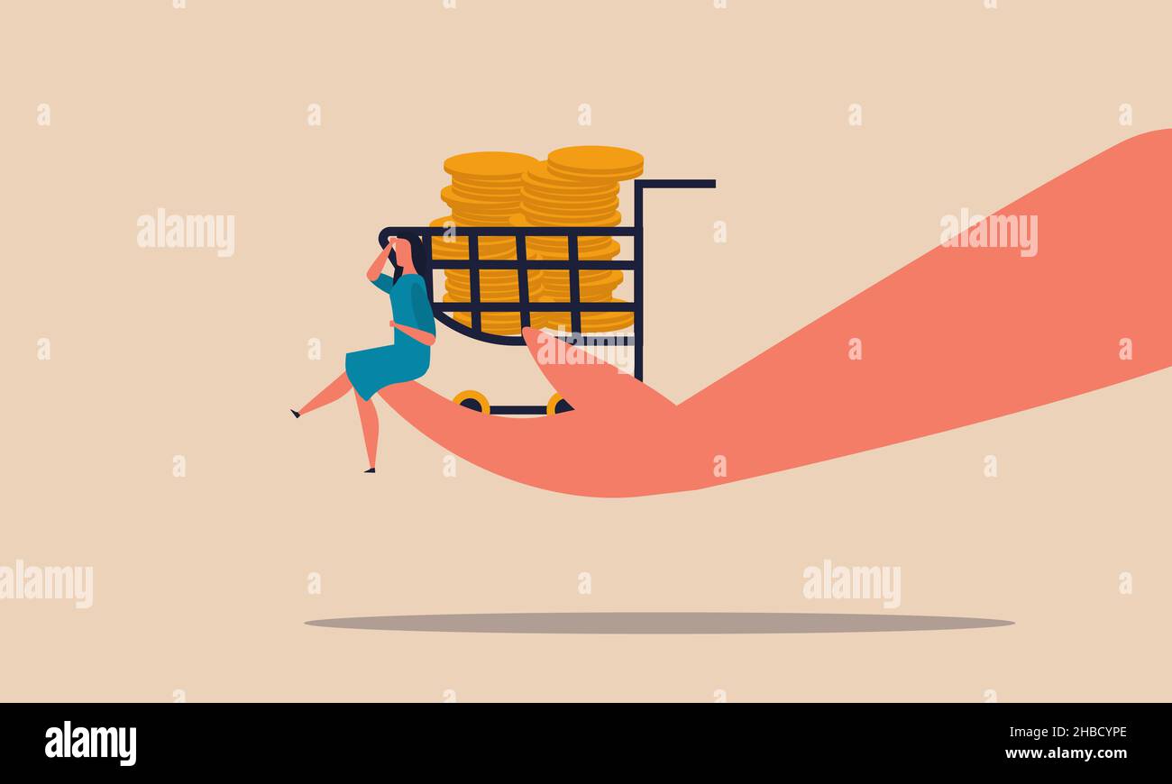 Handeln Sie mit dem Käufer. Hand hält einen Wagen mit Geld Goldmünzen und eine Frau sitzt auf der Hand Vektor-Illustration. Geschäftskäufe zu einem guten P Stock Vektor