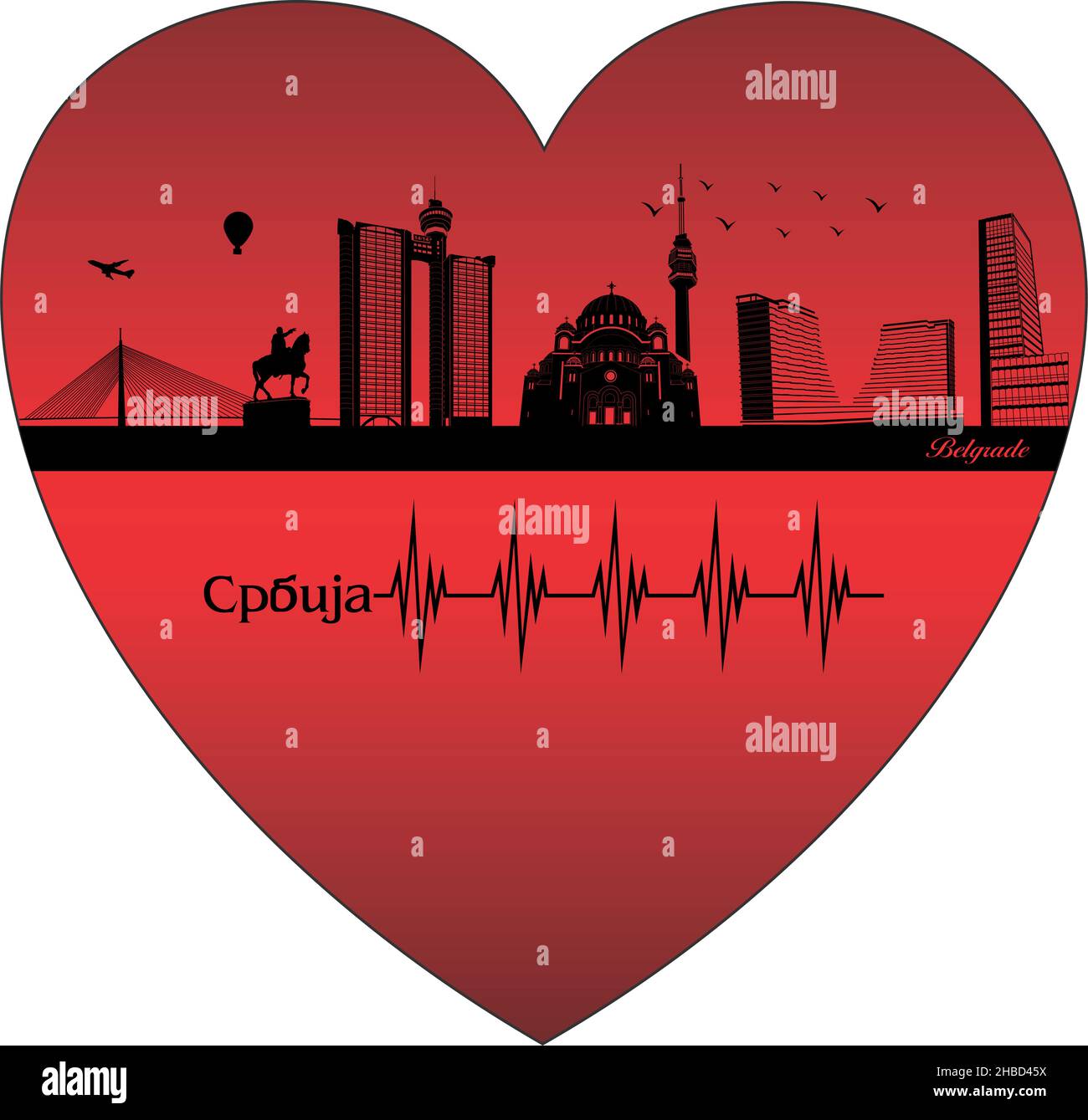 City in the Heart - Illustration, Vector City Skyline Silhouette, Belgrad Serbien Stock Vektor