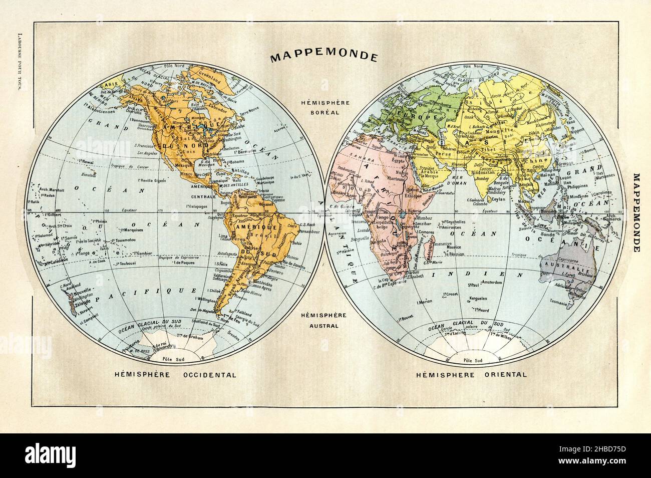 Weltkarte mit den Hemisphären , (Enzyklopädie, 1910), Weltkarte mit den Hemisphären Stockfoto