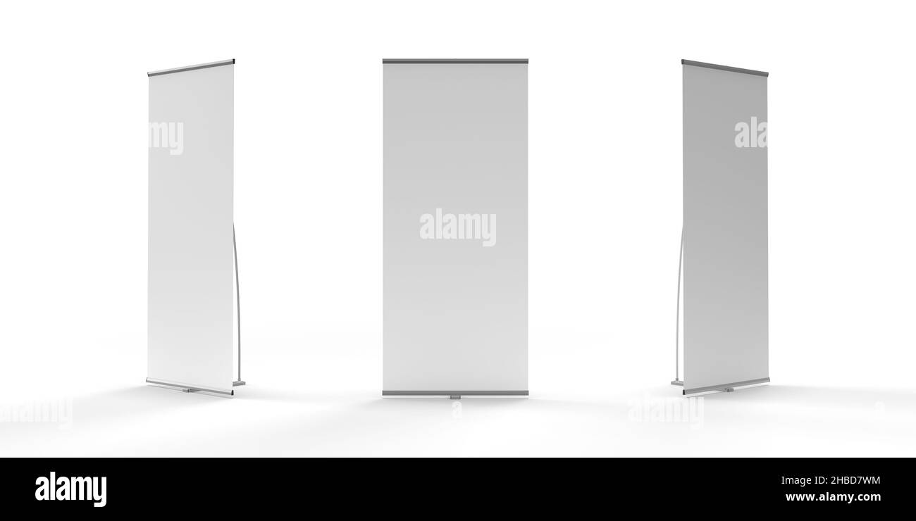 Ausstellung Banner Stände Display Pop-up System Seite an Seite, isoliert auf einem weißen Hintergrund für Illustration und Mockup. 3D Rendern. Stockfoto