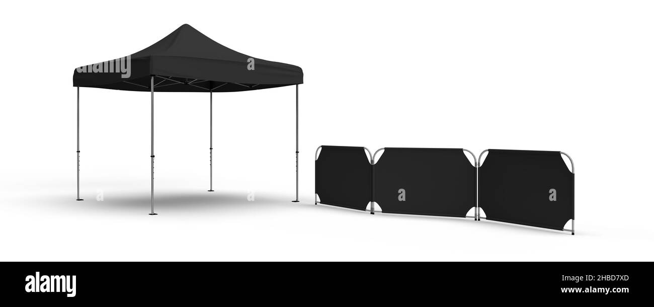 Schwarzes Zeltdach im Gazebo-Zelt mit klappbarem Wanddisplay vor dem Zelt, das einen begehbaren Weg schafft. 3D Abbildung Mockup, 3D Rendern isoliert. Stockfoto