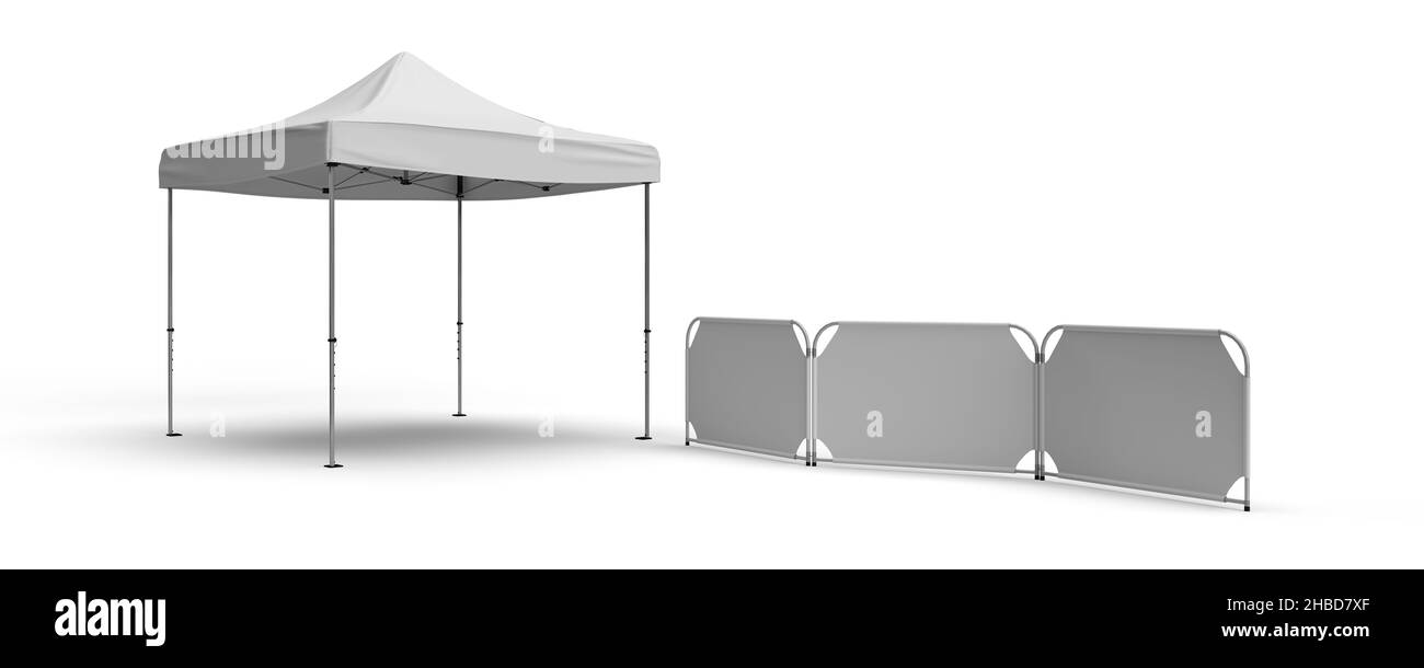 White Gazebo Tent Marquee Dach mit klappbaren Trennwand-Display in der Vorderseite schaffen einen Weg. 3D Illustration Mockup, 3D Rendering isoliert auf Whi Stockfoto