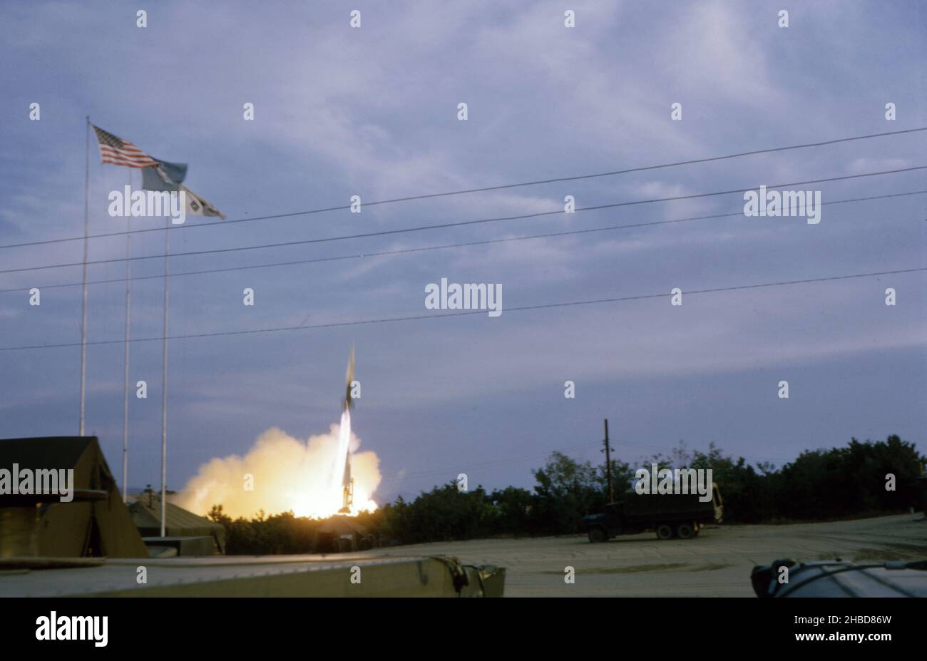 US ARMY / United States Army Flugwehrrakete / Surface to Air Missile (SAM) MIM-14 Nike Hercules Start - Daecheon Beach Süd Korea / Südkorea starten Stockfoto