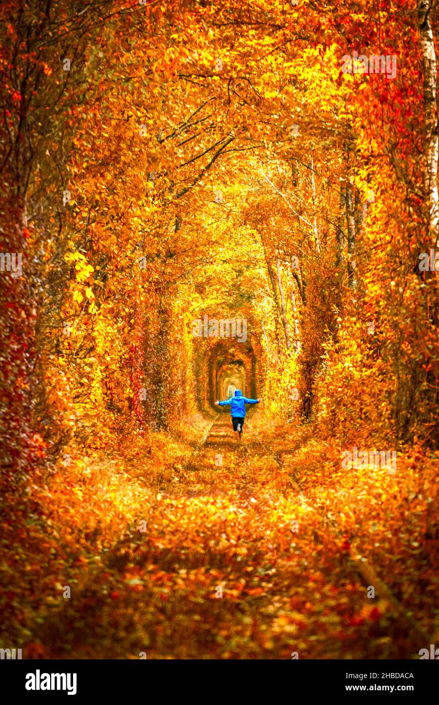 Glückliche Person mit ausgebreiteten Händen läuft den Tunnel hinunter und genießt den Herbst.Tunnel der Liebe in der Ukraine. Orangefarbenes Hintergrundbild. Stockfoto