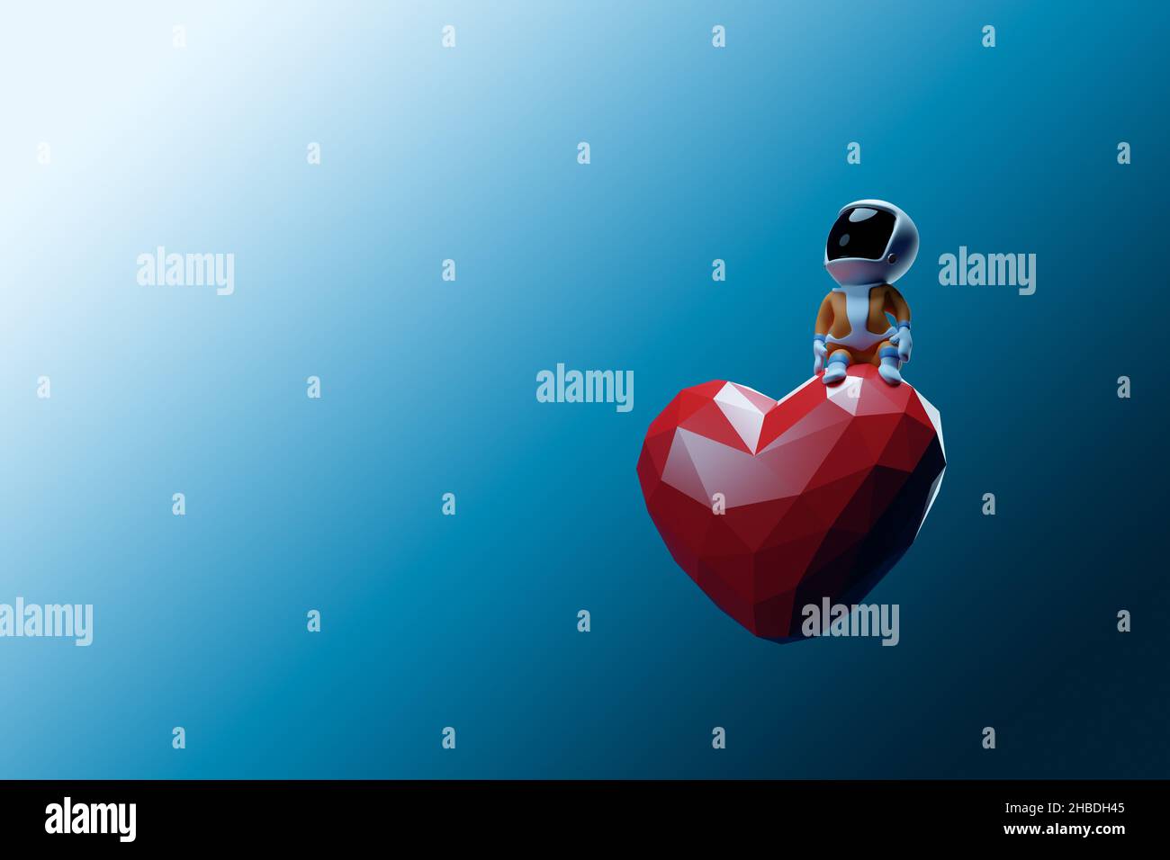 Kleiner Cartoon-Weltraumjunge, der auf einem Herzen sitzt und träumt. Valentinstag, Liebe und Tagträumen. 3D Rendern. Stockfoto