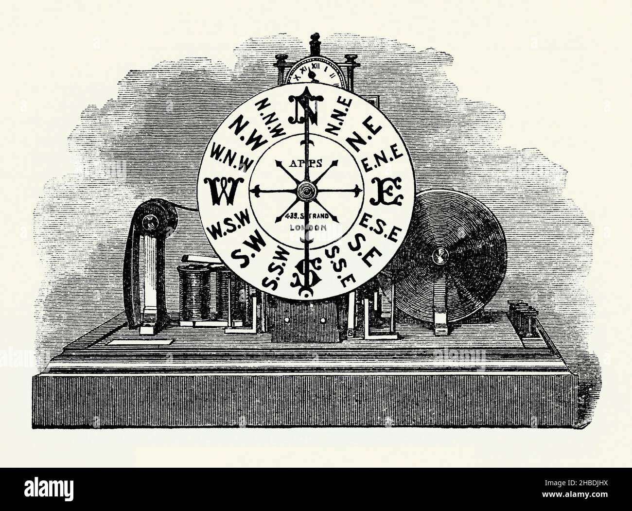 Ein alter Stich eines viktorianischen Anemometers. Es stammt aus einem Buch der 1890s über Entdeckungen und Erfindungen während der 1800s. Ein Anemometer ist ein Gerät zur Messung der windgeschwindigkeit und -Richtung. Es ist ein gängiges Wetterstationen-Instrument. Die erste bekannte Beschreibung eines Anemometers wurde 1450 von Leon Battista Alberti gegeben. Zuvor mussten alle Messungen manuell durchgeführt werden, aber mit dem Aufkommen batteriebetriebener Geräte konnte eine kontinuierliche Aufzeichnung der windgeschwindigkeit und -Richtung aufgezeichnet werden. Stockfoto