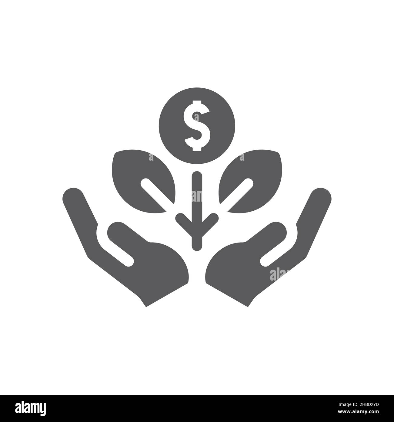 Symbol „Hände wachsen Geld“, gefüllt mit Pflanzen. Geschäftswachstum mit Dollar-Symbolvektor. Stock Vektor