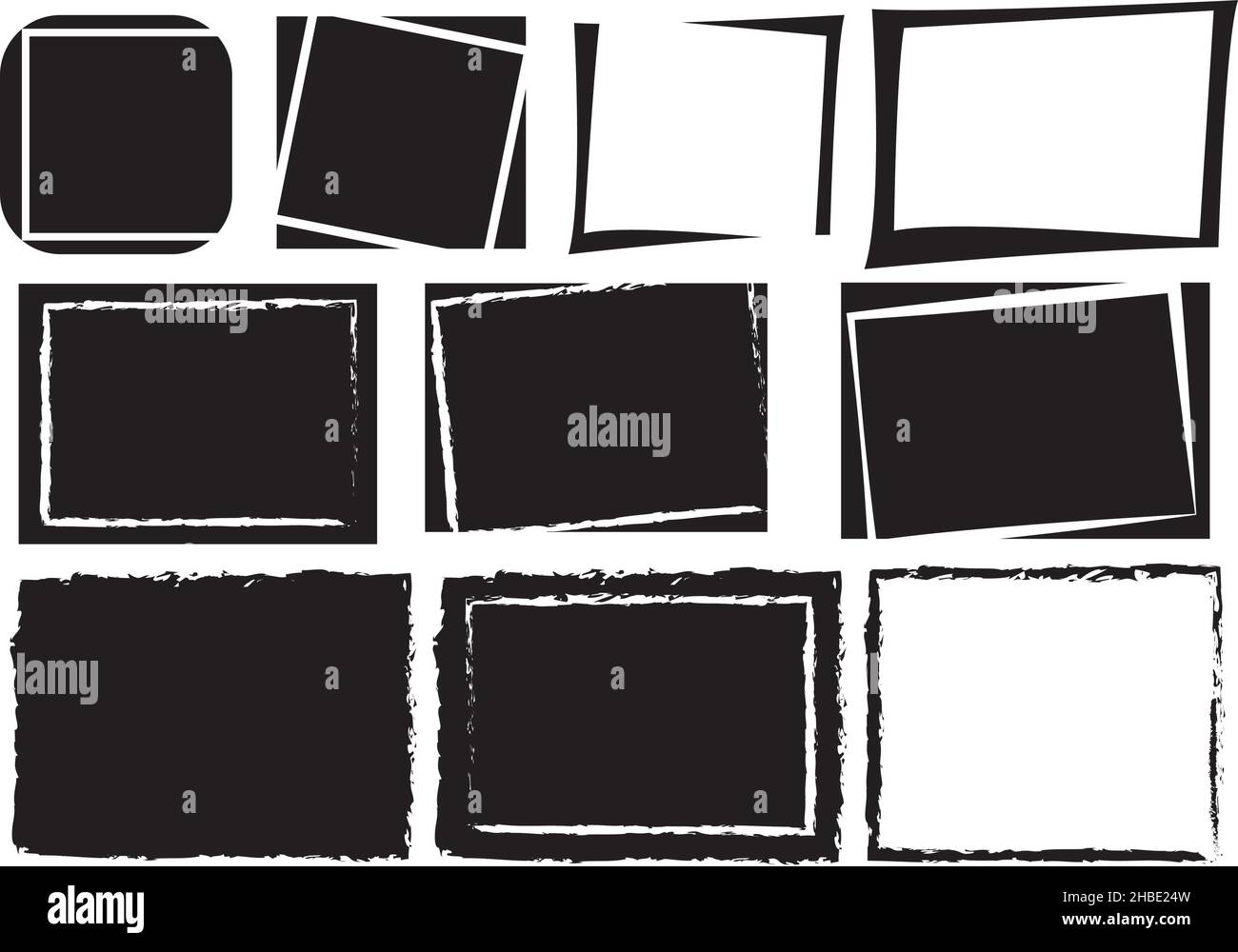 Satz von Vektorpinsel-Konturen Quadrate isoliert auf weißem Hintergrund. Logo, Beschriftung Design Element Illustration. Schwarzes abstraktes Grunge-Quadrat. Andere Fra Stock Vektor