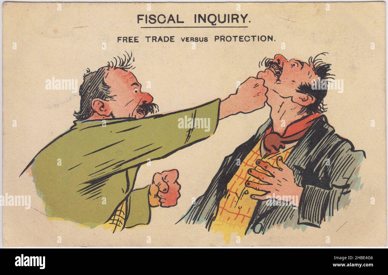'Finanzabfrage. Freihandel versus Schutz“: Karikatur, die zeigt, wie ein Mann gegen einen anderen stanzt. Dies war eine von einer Reihe von Postkarten über die oft bittere Debatte über die Wirtschaftspolitik im ersten Jahrzehnt des 20th. Jahrhunderts - ob es nun um die Fortsetzung der Politik des Freihandels oder um die Einführung von Wirtschaftstarifen oder Protektionismus geht Stockfoto