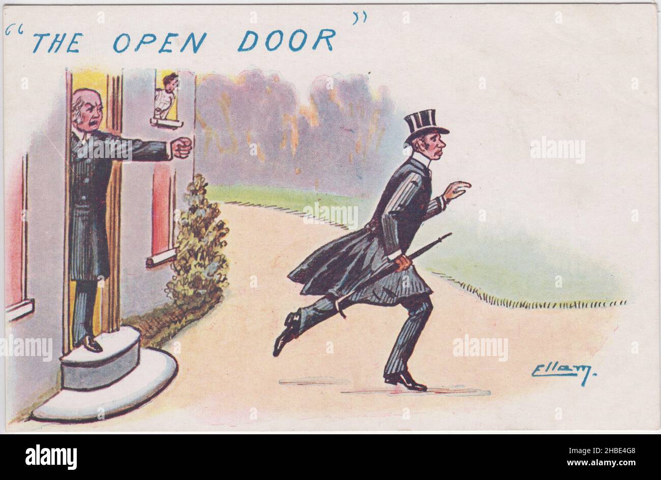 „Die Offene Tür“. Cartoon mit einem elegant gekleideten jungen Mann, der von einem älteren Mann aus einem Haus geworfen wird, zeigt eine Frau, die aus einem Schlafzimmerfenster schaut. Die Postkarte von William Henry Ellam (1858–1935) gehört zu einer Serie, in der er die Debatte über Freihandel gegen Protektionismus/Zollreform im ersten Jahrzehnt des 20.. Jahrhunderts persifliert - "offene Tür" ist ein Verweis auf Freihandel Stockfoto