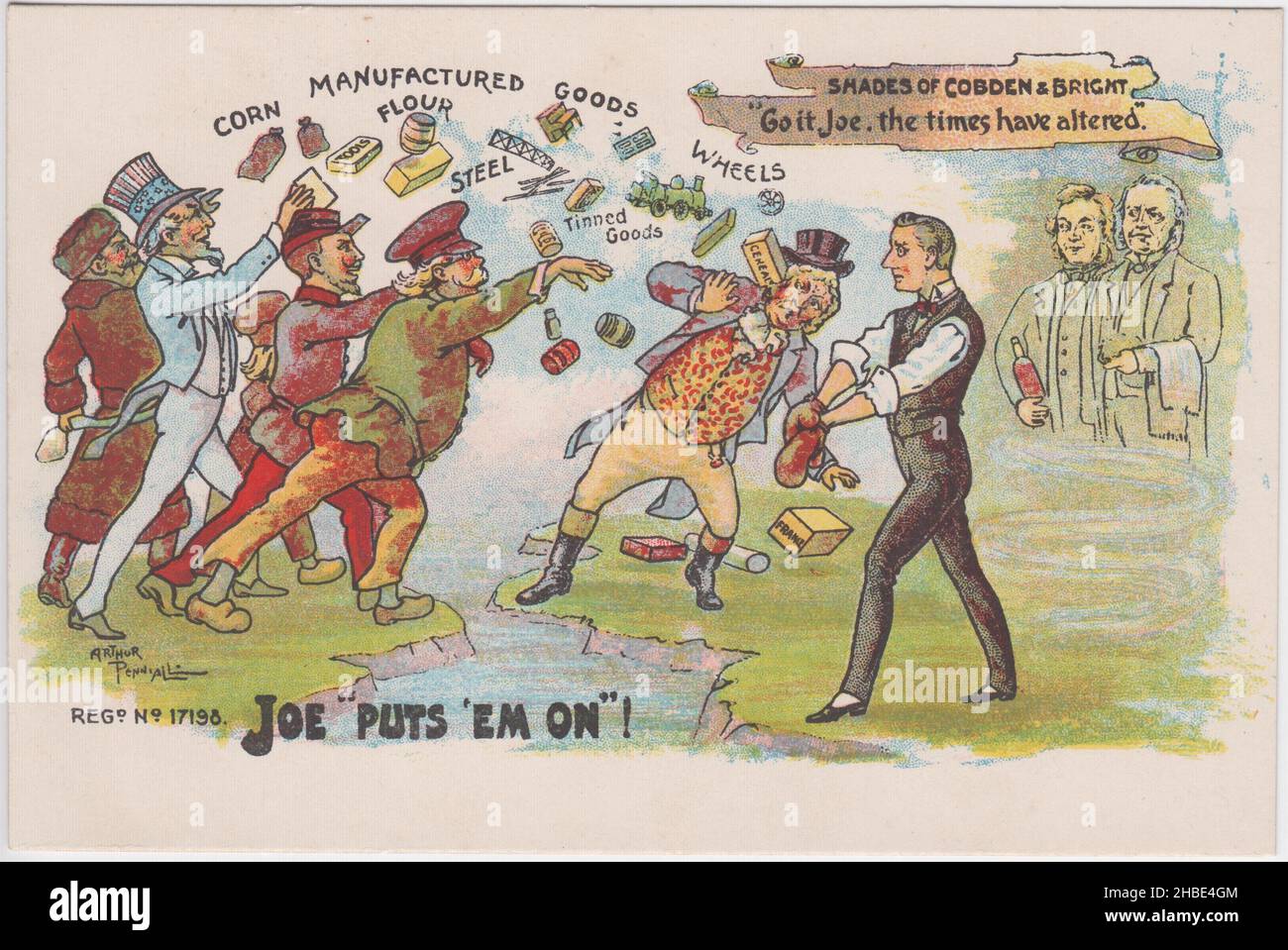 'Joe 'puts 'em on'!': Karikatur, in der Joseph Chamberlain in einer Boxstellung zur Verteidigung von John Bull (als Symbol für Großbritannien) als Karikaturen dargestellt wird, die Russland, die Vereinigten Staaten von Amerika, Frankreich und Deutschland repräsentieren und Waren (einschließlich Mais, Mehl, Stahl, verzinnte Waren und Räder) nach Großbritannien schleudern. Die Geister der für den Freihandel radikalen liberalen Politiker Richard Cobden & John Bright werden mit approbativer Anschauung dargestellt. Postkarte des frühen 20.. Jahrhunderts zur Pro-Tarifreform/Protektionismus von Arthur Pennial, herausgegeben vom Tamesis Photographic Syndicate, London Stockfoto