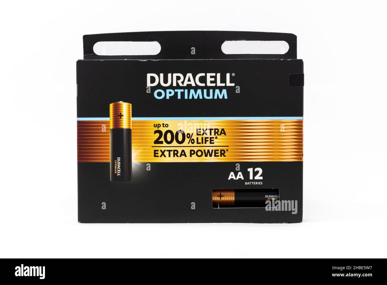 Duracell NEUE Optimum AA Alkali-Batterien Stockfoto