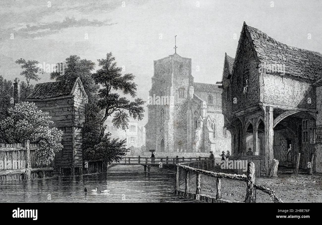 Eine historische Ansicht der Abbey Church of Waltham Holy Cross und St. Lawrence und der Brücke über den Fluss Lea in Waltham Abbey, Essex, England, Großbritannien. Gestochen von Barber nach einer Zeichnung von Bartlett, c.1830-1850. Stockfoto