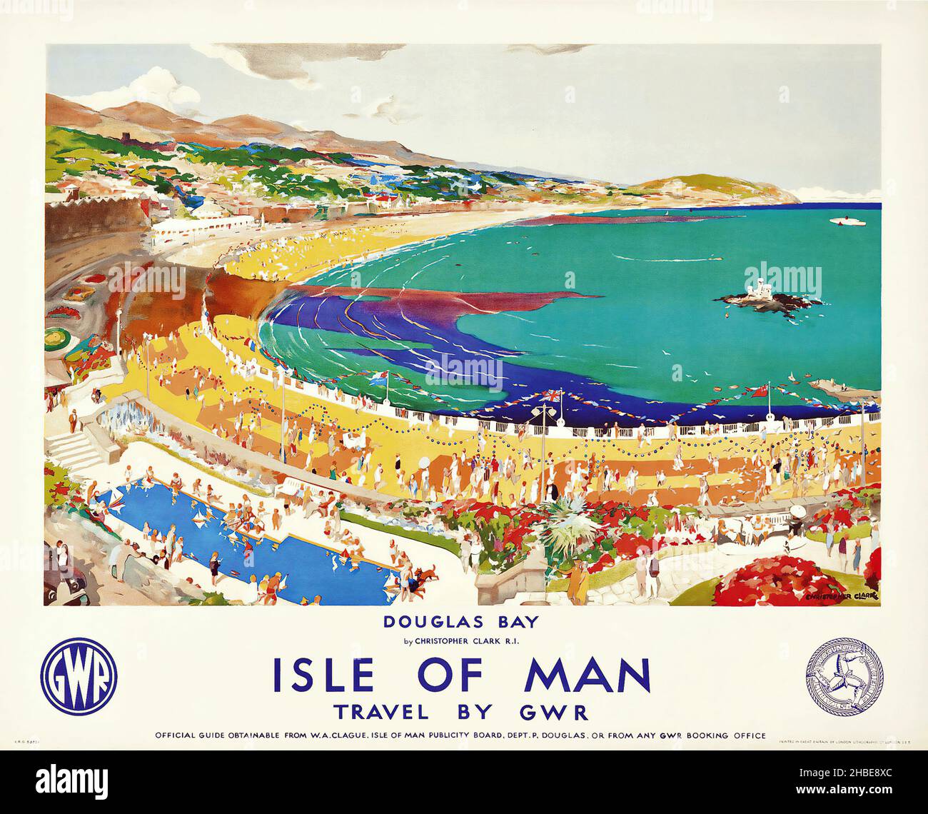 Vintage Werbeplakat: ISLE OF MAN Reiseposter 'Travel by GWR'. Douglas Bay. c 1930. CLARK, CHRISTOPHER (1875-1942) Stockfoto