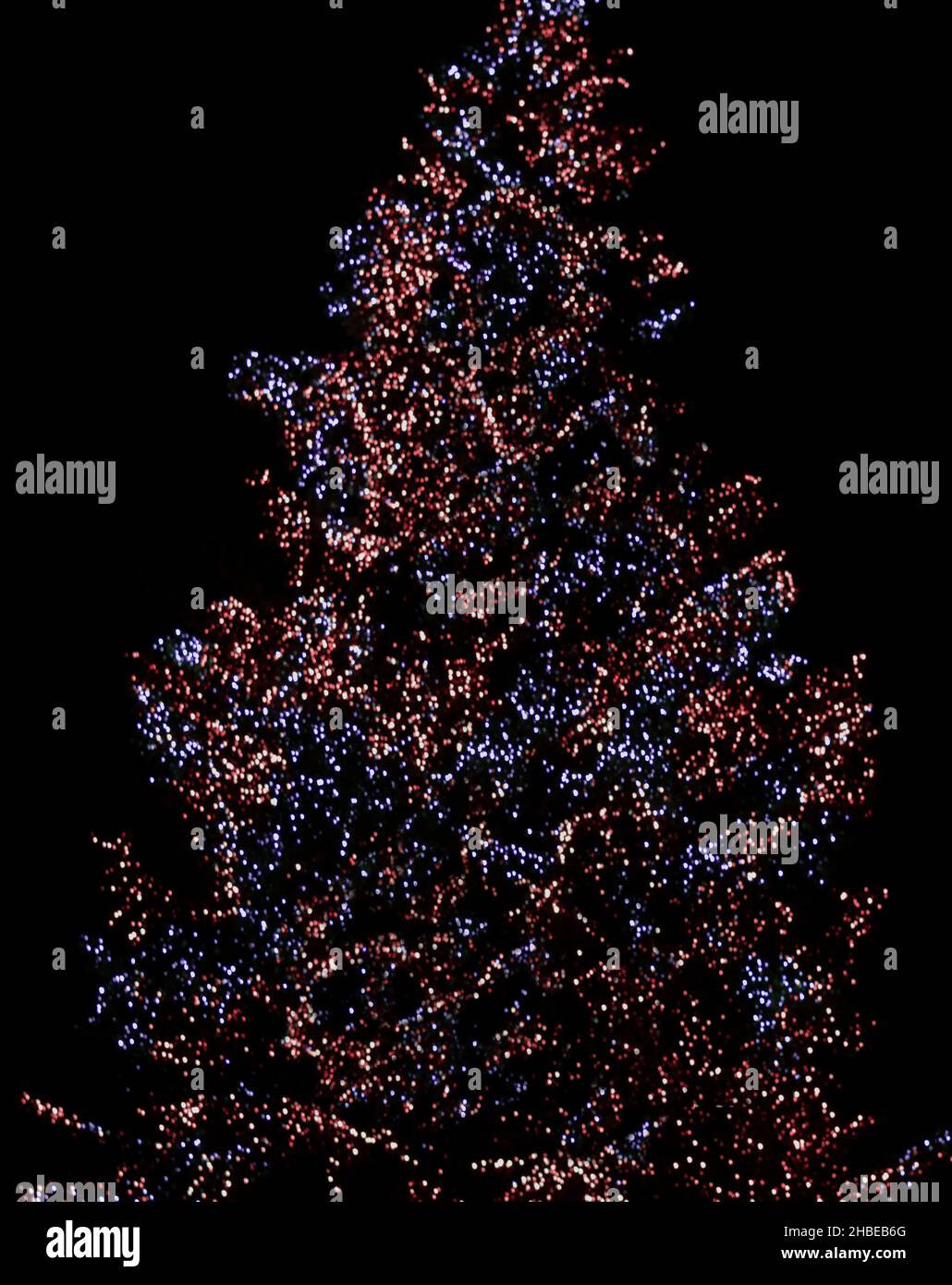 Weihnachtsbaum mit blauen und roten Lichtern Stockfoto